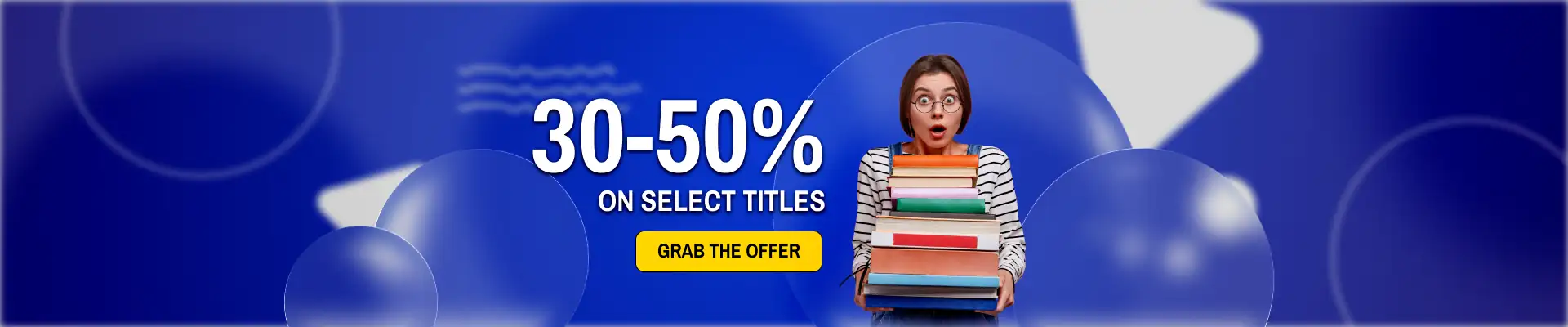 website banner with a hero text and a woman carrying a dozen books